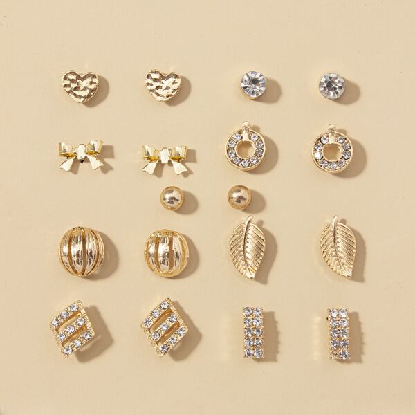 

9pairs Leaf & Bow Stud Earrings, Gold