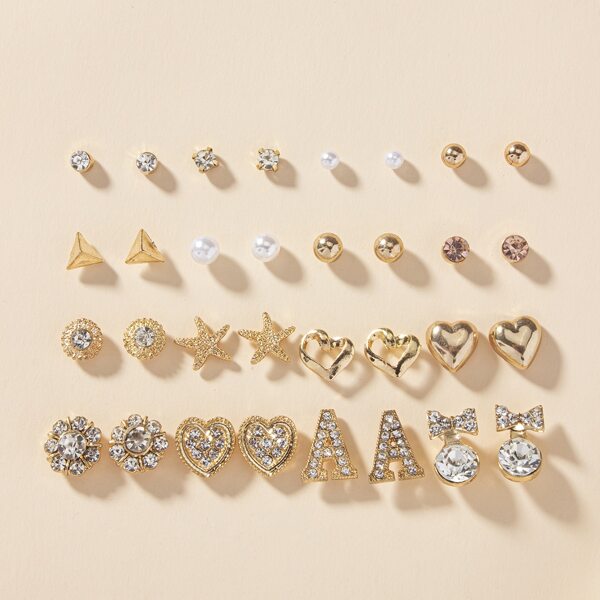 

16pairs Letter & Heart Stud Earrings, Multicolor