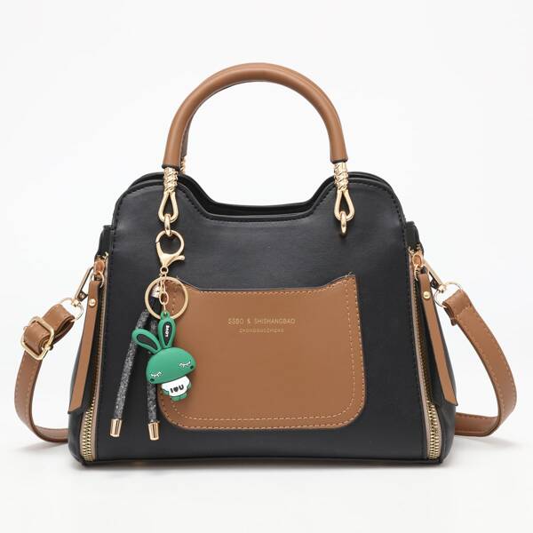 

Cartoon Doll Decor Pocket Front Satchel Bag, Black