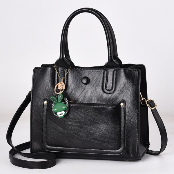

Cartoon Doll Decor Pocket Front Satchel Bag, Black