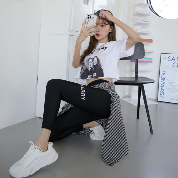 

Letter Graphic High Waisted Leggings, Black