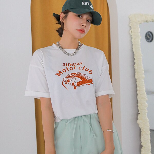 

Car And Letter Graphic Drop Shoulder Tee, White