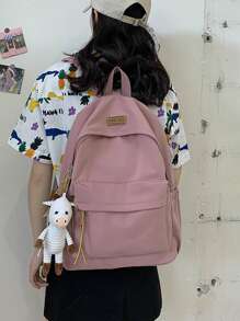 Mochila con decoración de muñeca con parche de letras, mochila de hombro, mochila escolar para viajes, universidad, escuela, aire libre, deportes