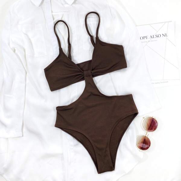 

Plain Ribbed Cut-out One Piece Swimsuit, Coffee brown