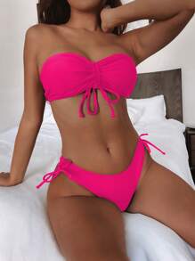 SHEIN Swim 夏季海灘純色束帶比基尼拼接綁帶 - 粉色 - 查看 2