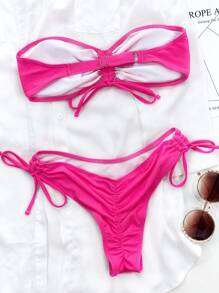 SHEIN Swim 夏季海灘純色束帶比基尼拼接綁帶 - 粉色 - 查看 3