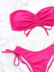 SHEIN Swim 夏季海灘純色束帶比基尼拼接綁帶 - 粉色 - 查看 4