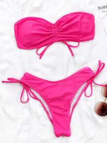 SHEIN Swim 夏季海灘純色束帶比基尼拼接綁帶 - 粉色 - 查看 5