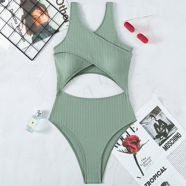 

Plain Ribbed Cut-out One Piece Swimsuit, Olive green