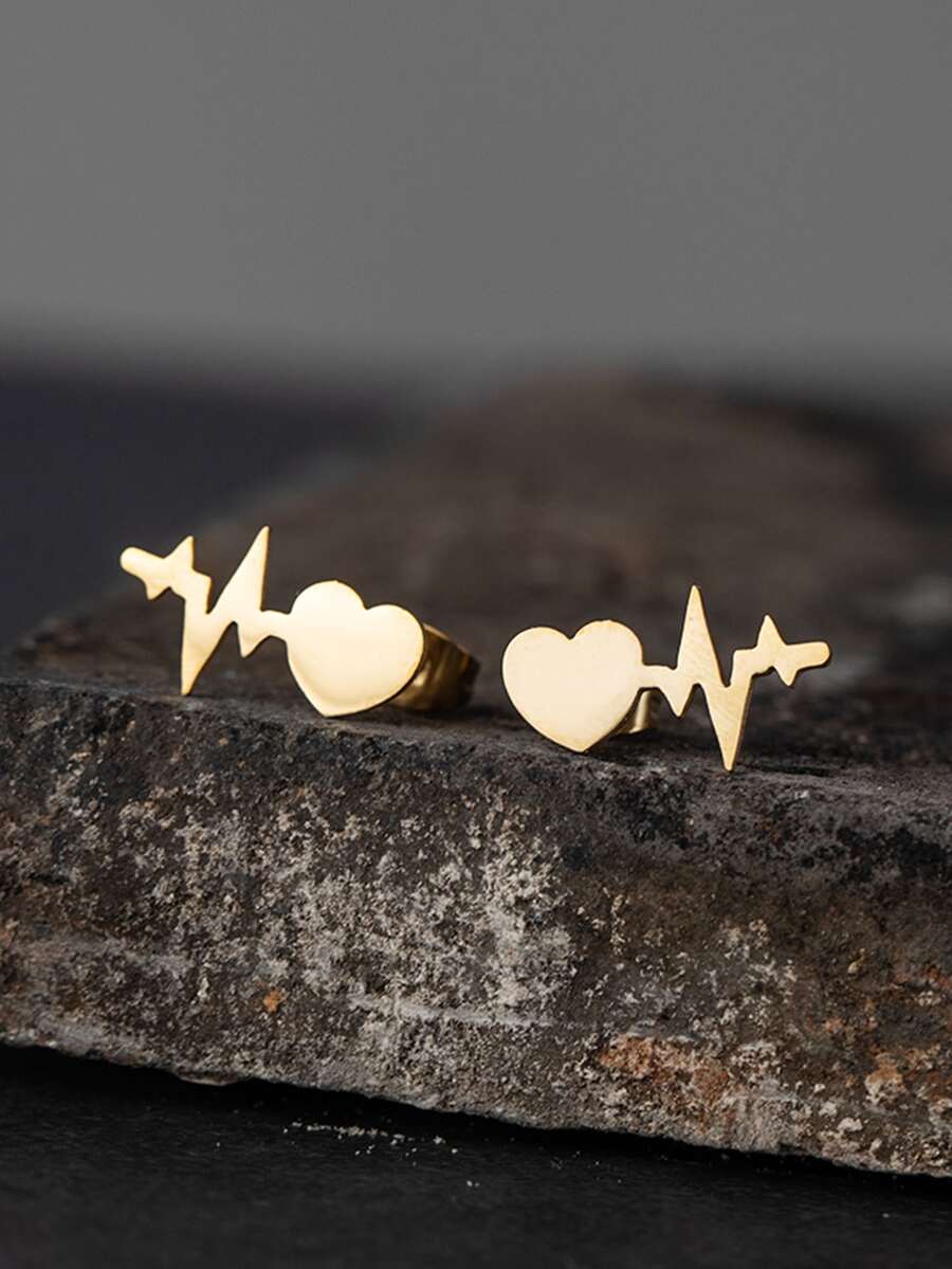 Heart Detail Stud Earrings - Yellow Gold - View 1