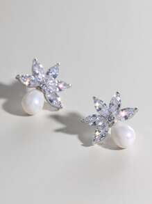 Cubic Zirconia Decor Stud Earrings - Silver - View 3