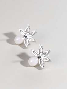 Cubic Zirconia Decor Stud Earrings - Silver - View 2