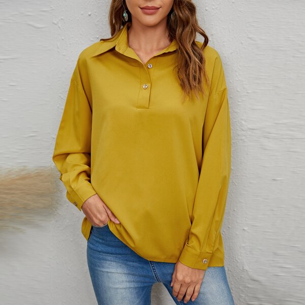 

Half Button Drop Shoulder Blouse, Yellow
