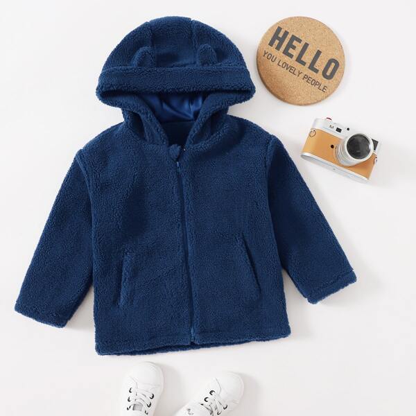 

Toddler Boys 3D Ear Hooded Zipper Flannel Coat, Navy blue