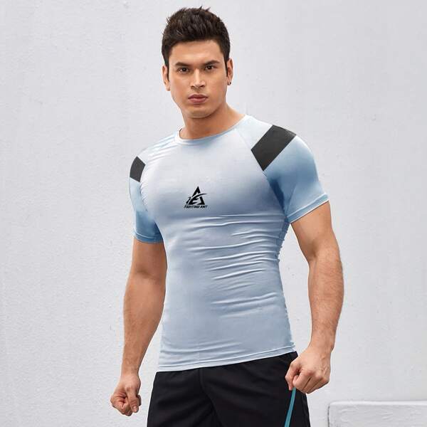 

Men Letter Graphic Contrast Raglan Sleeve Sports Tee, Baby blue