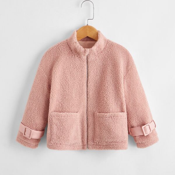 

Toddler Girls Buckle Belt Cuff Dual Pocket Teddy Coat, Coral pink
