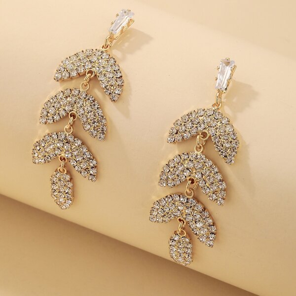 

Leaf Design Rhinestone Drop Earrings, Gold