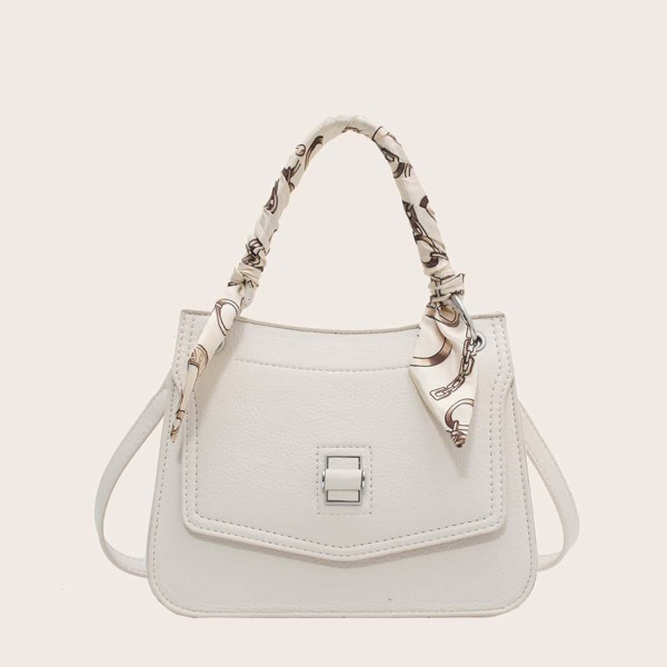 

Solid Scarf Decor Twist Lock Satchel Bag, White