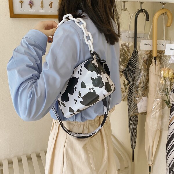 

Cow Print Chain Shoulder Bag, Black and white