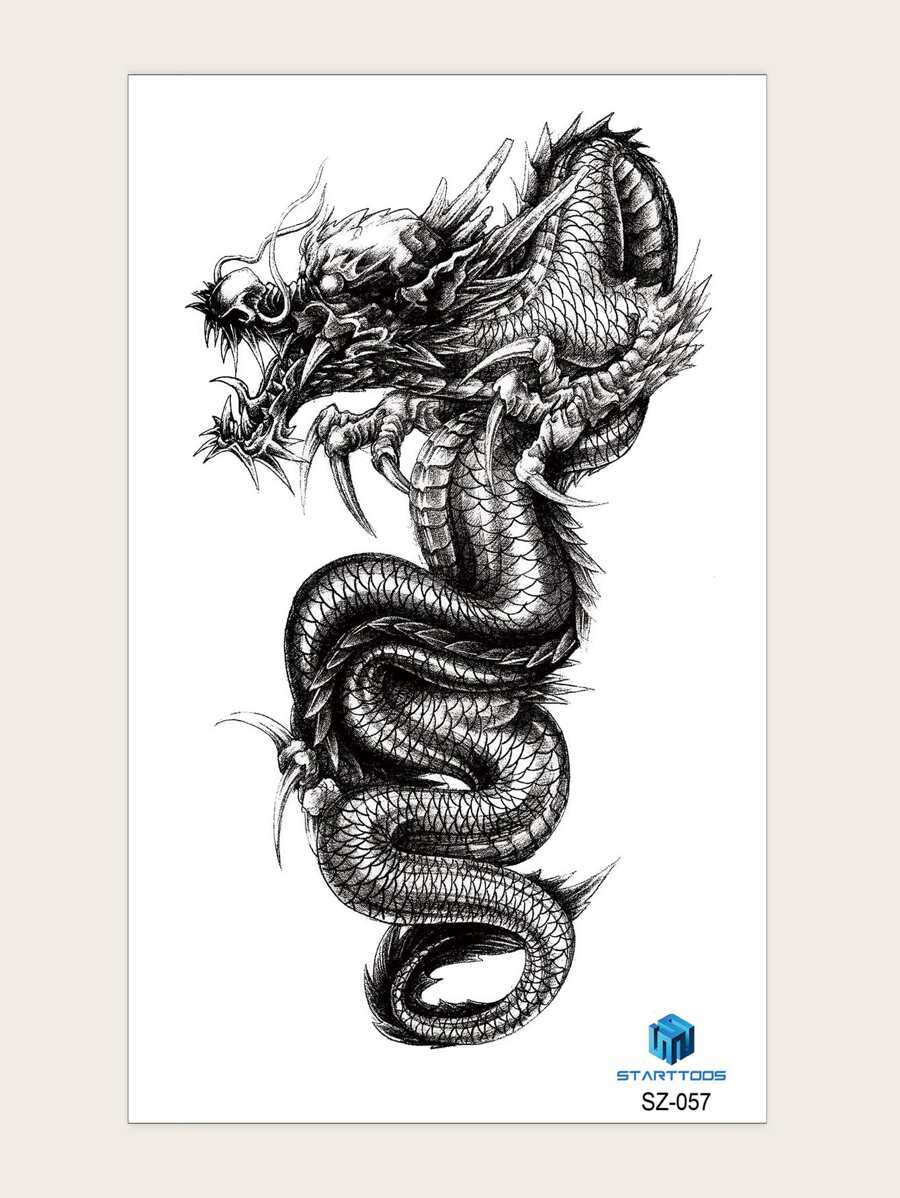Pegatina de tatuaje, 1 hoja Tatuajes temporales con diseño de dragón chino de manga de medio brazo grande, para antebrazo de hombres y mujeres, pegatinas de tatuajes falsos de animales para adultos, gráfico de letra de tatuaje realista negro, para mujeres y niñas - Negro - Ver 1