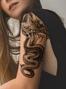 Pegatina de tatuaje, 1 hoja Tatuajes temporales con diseño de dragón chino de manga de medio brazo grande, para antebrazo de hombres y mujeres, pegatinas de tatuajes falsos de animales para adultos, gráfico de letra de tatuaje realista negro, para mujeres y niñas - Negro - Ver 2