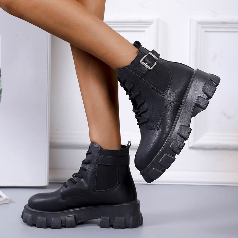 

Platform Buckle Decor Combat Boots, Black
