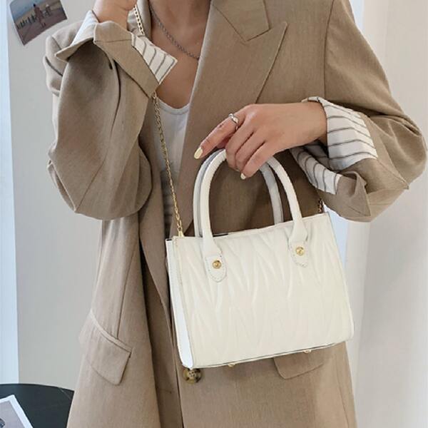 

Minimalist Quilted Chain Satchel Bag, White