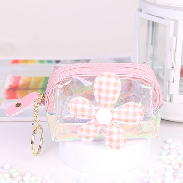 

Clear Flower Appliques Coin Case, Pink