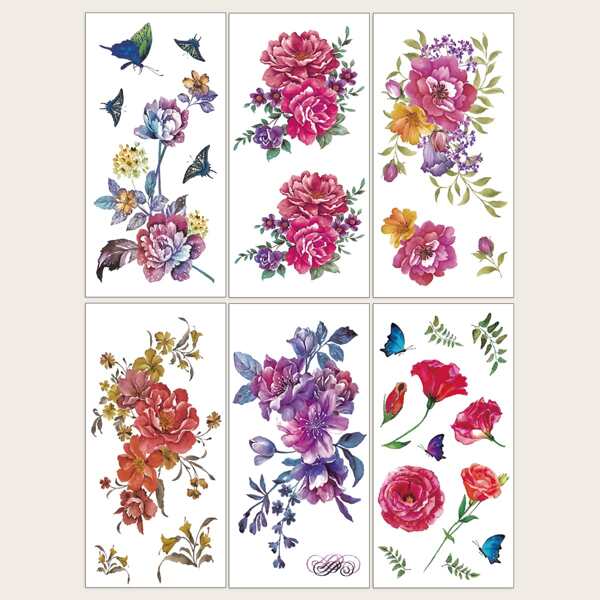 

6sheets Flower & Butterfly Pattern Tattoo Sticker, Multicolor