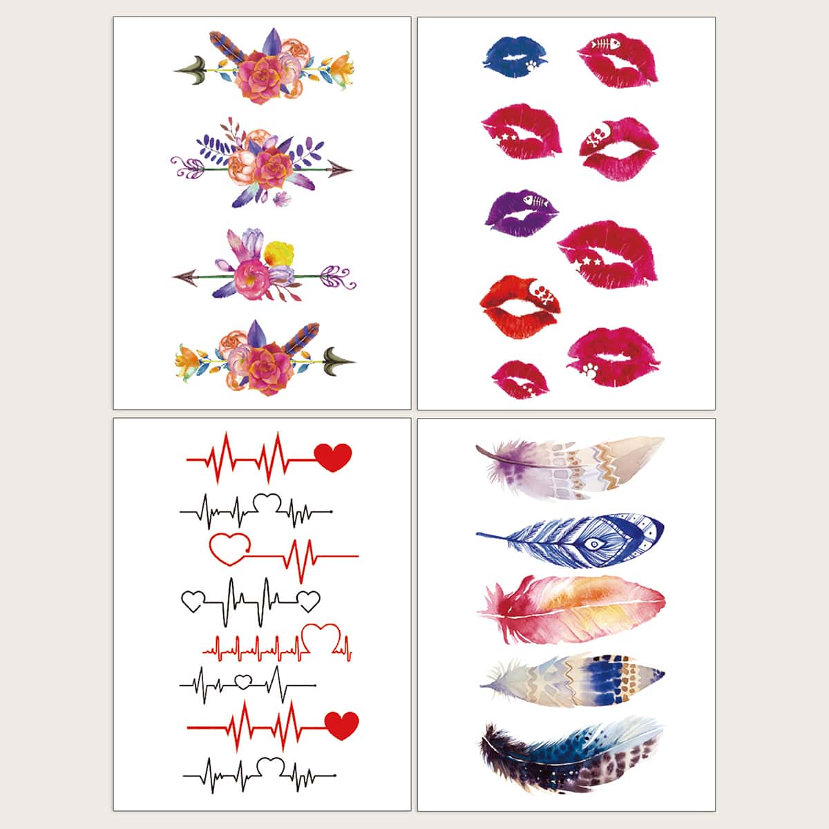 

4sheets Flower & Lip Pattern Tattoo Sticker, Multicolor