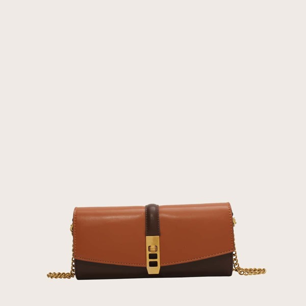 

Two Tone Twist Lock Chain Shoulder Bag, Brown