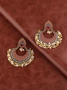 對復古風格水鑽裝飾鐘形珠寶耳環 - 彩色 - 查看 1