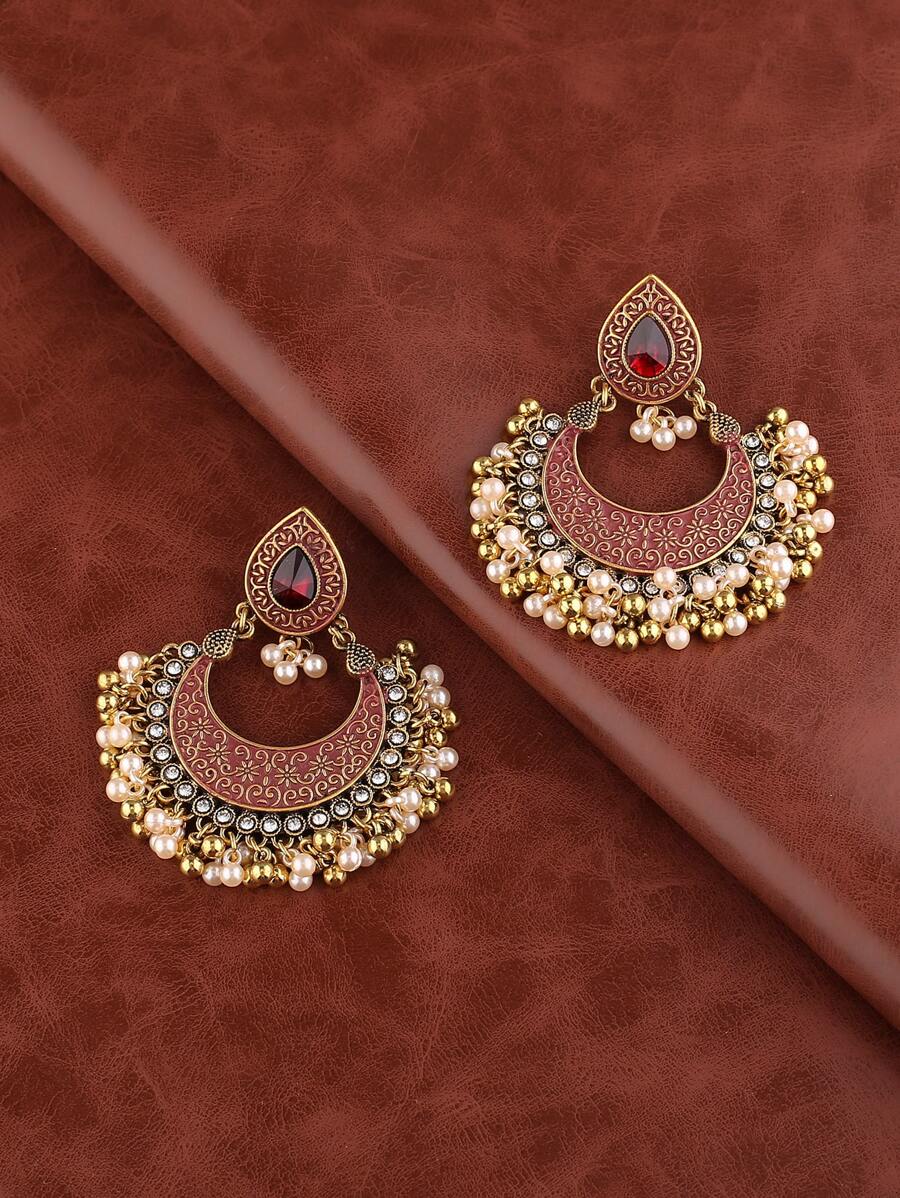 對復古風格水鑽裝飾鐘形珠寶耳環 - 彩色 - 查看 1