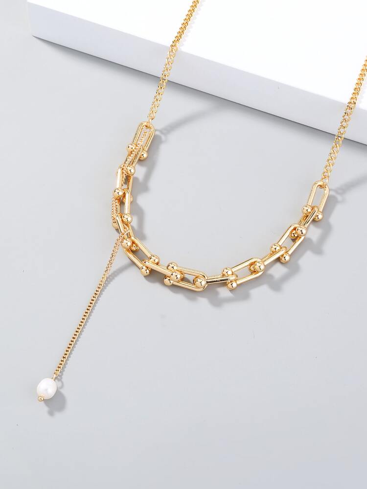 Pearl Pendant Chain Necklace - Yellow Gold - View 5