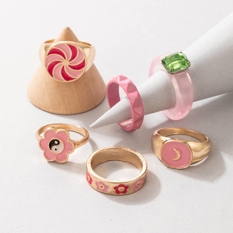 

6pcs Flower & Moon Ring, Pink