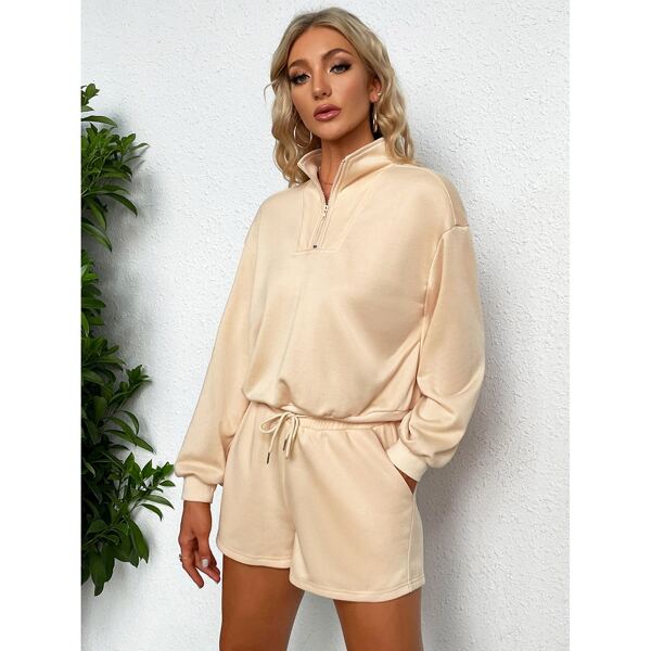 

Half Zip Sweatshirt & Drawstring Waist Track Shorts, Apricot