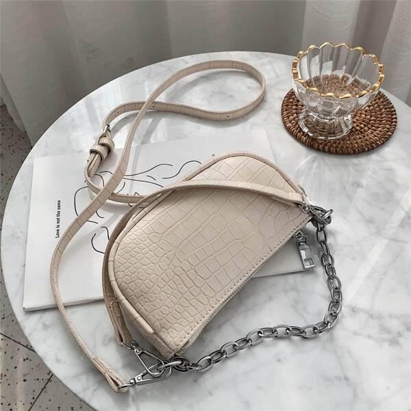

Chain Decor Croc Embossed Square Bag, Beige