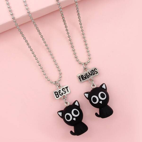 

2pcs Kids Cat Charm Necklace, Black and white