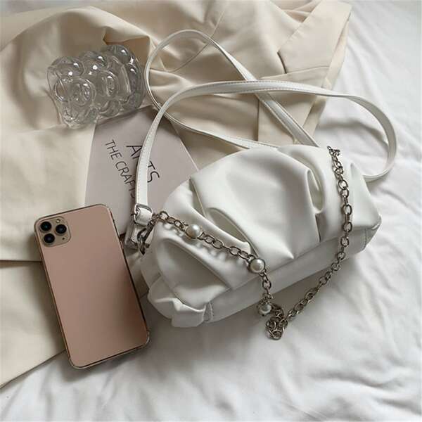

Beaded Decor Ruched Bag, Beige