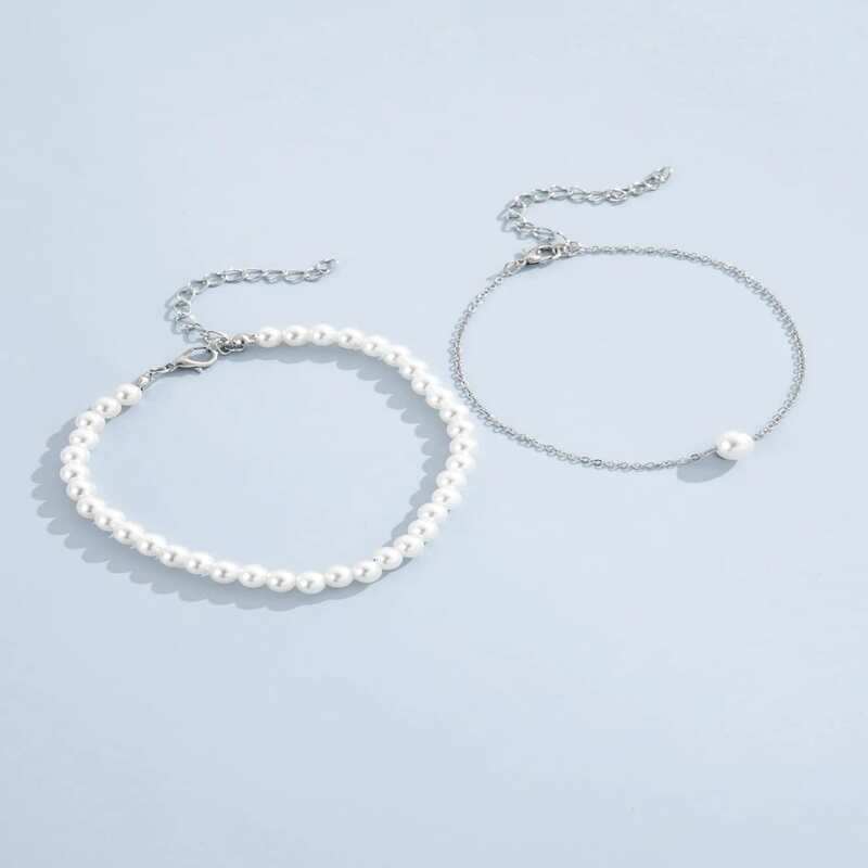 

2pcs Faux Pearl Decor Chain Anklet, Silver