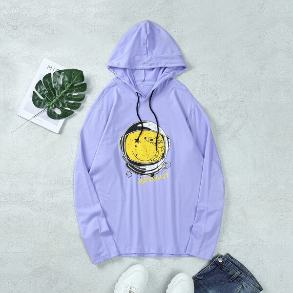 

Men Cartoon And Letter Graphic Drawstring Hoodie, Purple