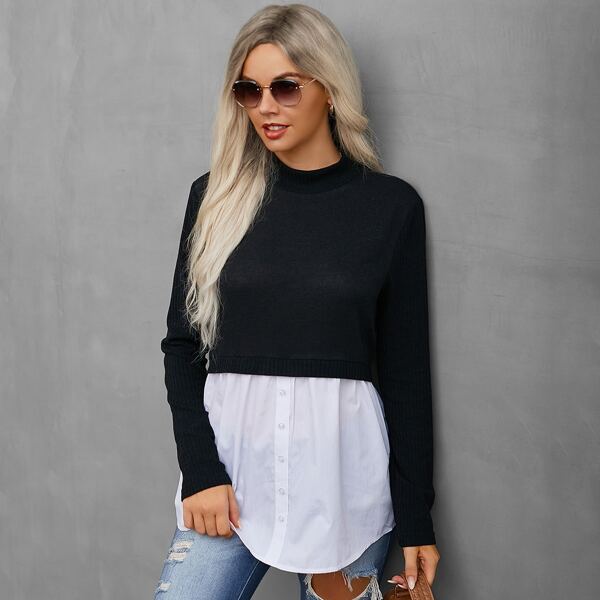 

Stand Collar Crop Tee Without Blouse, Black