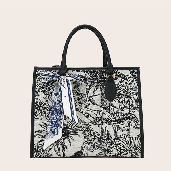 

Scarf Decor Animal & Plant Graphic Top Handle Bag, Black and white
