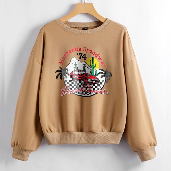 

Cartoon & Letter Graphic Drop Shoulder Sweatshirt, Khaki