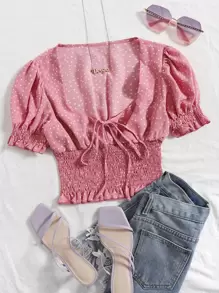 SHEIN VCAY 荷葉邊打褶圓點圖案上衣 - 藕粉色 - 查看 1