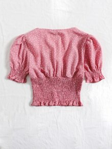 SHEIN VCAY 荷葉邊打褶圓點圖案上衣 - 藕粉色 - 查看 2