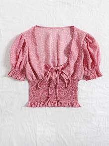 SHEIN VCAY 荷葉邊打褶圓點圖案上衣 - 藕粉色 - 查看 5