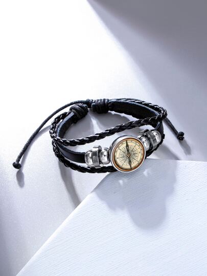 Fashionable and Popular Men Compass Decor Layered Bracelet PU for Jewelry Gift and for a Stylish Look
