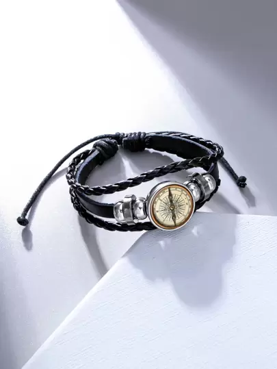 Pulsera en capas de decoración de brújula para hombres de moda y popular PU para regalo de joyería y para una apariencia elegante