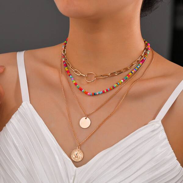

2pcs Disc Pendant Necklace, Multicolor